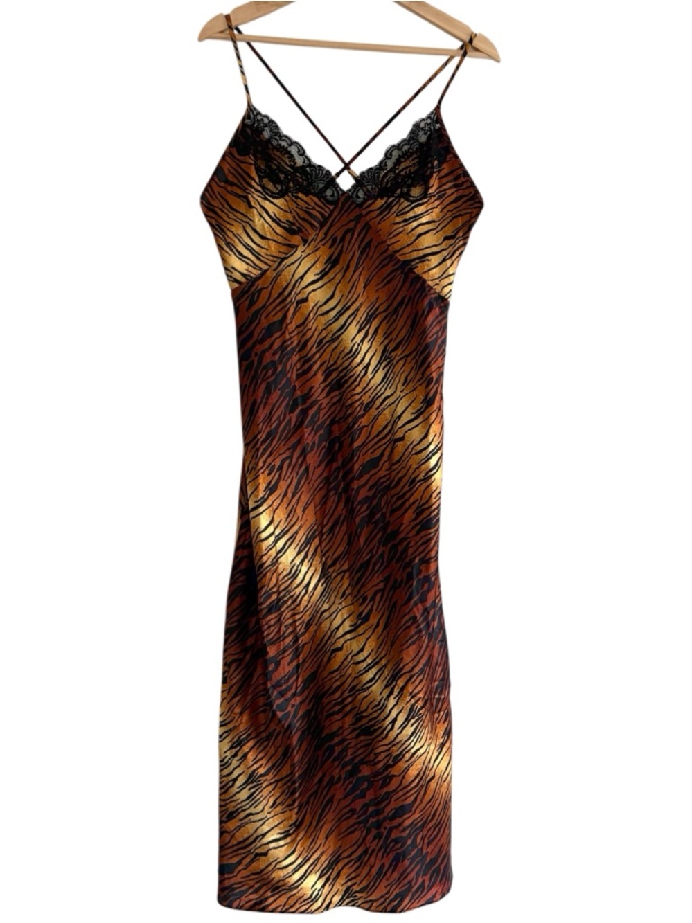 90s Victorias Secret Tiger Stripe Maxi Gown Slip Dress Vintage Lace Silky Satin